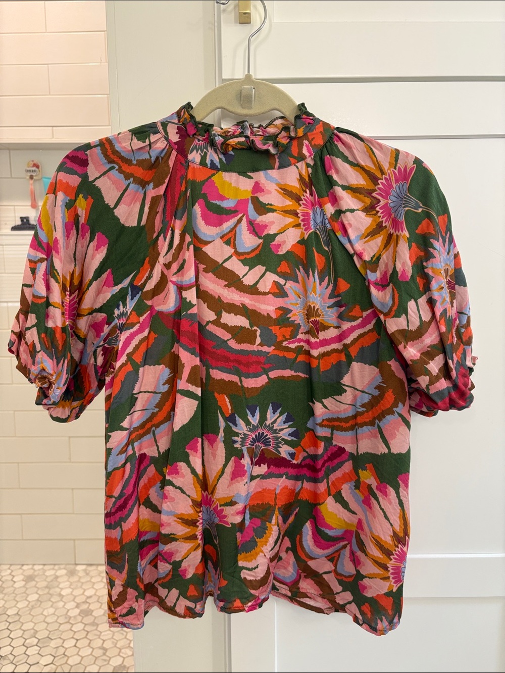 THML Green Multi Floral Ruffle-Neck Blouse